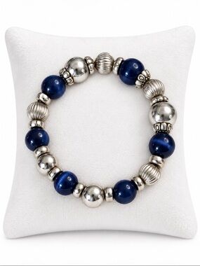 Navy Blue & Silver Beaded Stretch Bracelet